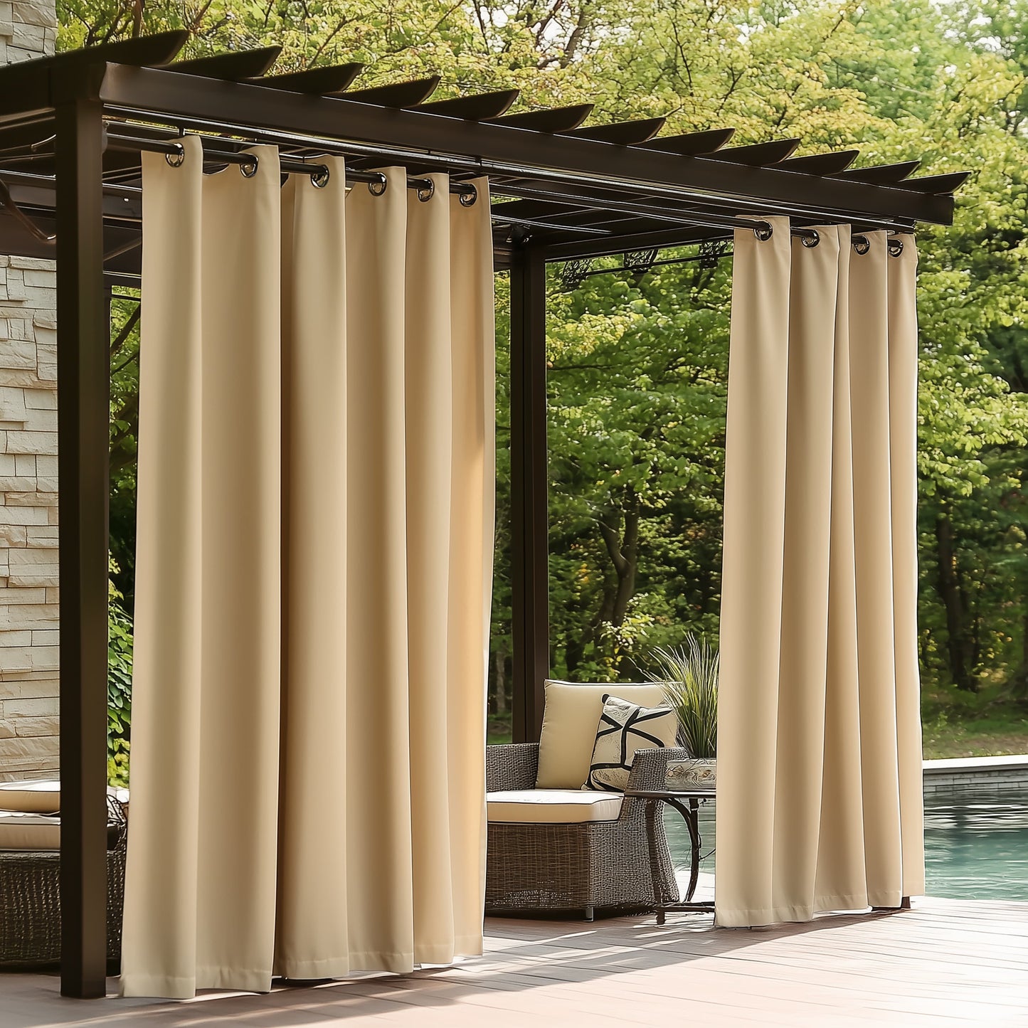 2PCS Outdoor Curtains for Patio, Waterproof Outside Curtains Premium Weatherproof Privacy Curtains for Porch Pergola Deck Backyard, Beige (Blackout),