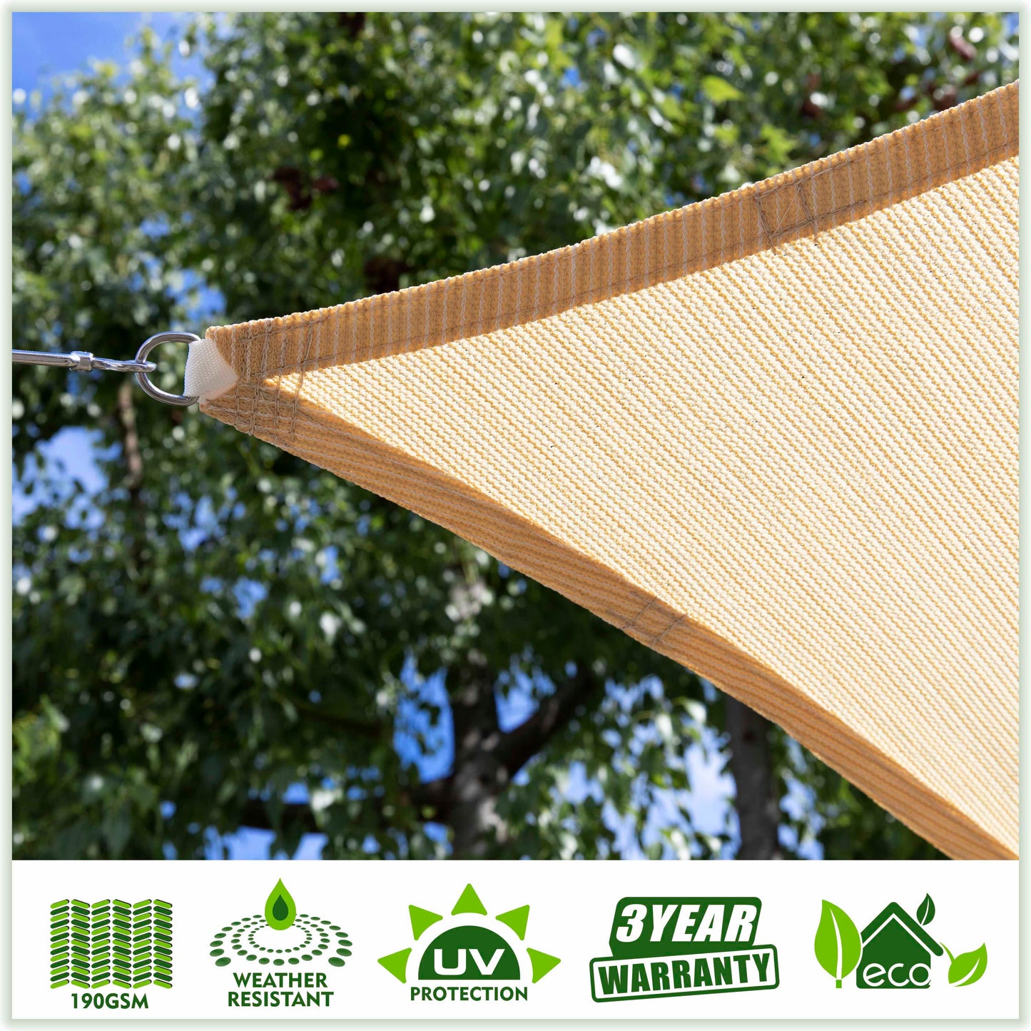 ColourTree Custom-sized Beige Triangle CTAPT10 Sun Shade Sail Canopy Mesh Fabric UV Block UPF50 Commercial Heavy Duty 190 GSM Durable HDPE Material