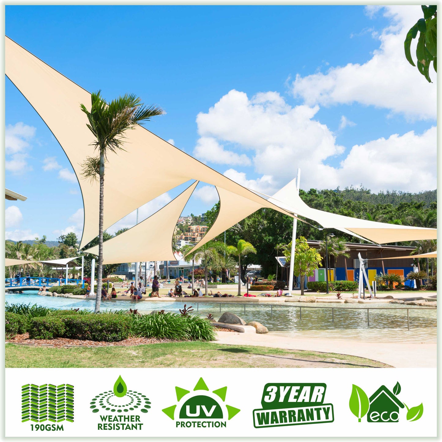ColourTree Custom-sized Beige Triangle CTAPT10 Sun Shade Sail Canopy Mesh Fabric UV Block UPF50 Commercial Heavy Duty 190 GSM Durable HDPE Material
