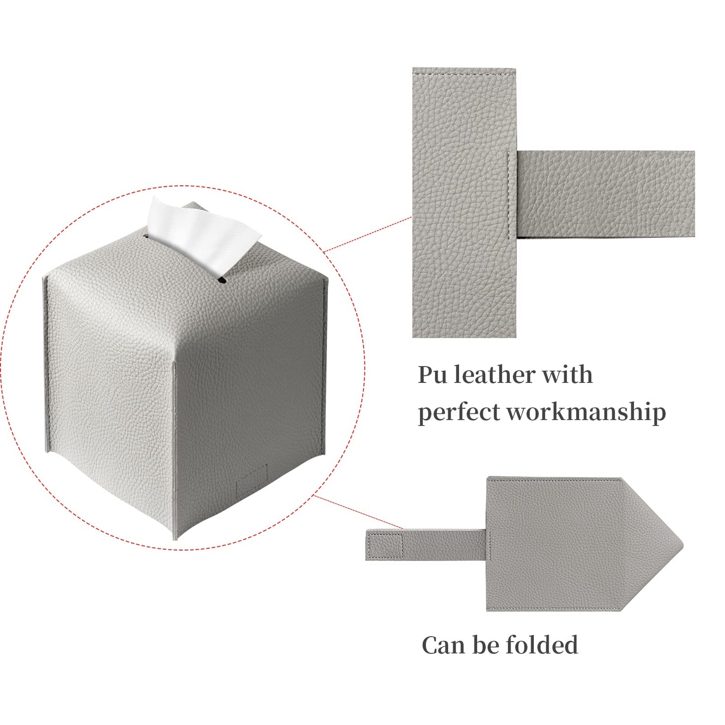 Tissue Box Cover, Refined Modern PU Leather Square Tissue Box Holder - Decorative Holder/Organizer for Bathroom Vanity Countertop, Night Stands, Office Desk & Car 5"X5"X5"