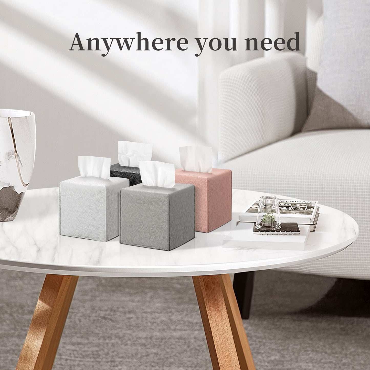 Tissue Box Cover, Refined Modern PU Leather Square Tissue Box Holder - Decorative Holder/Organizer for Bathroom Vanity Countertop, Night Stands, Office Desk & Car 5"X5"X5"